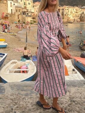 Pink and Gray Striped GANNI Midi Dress